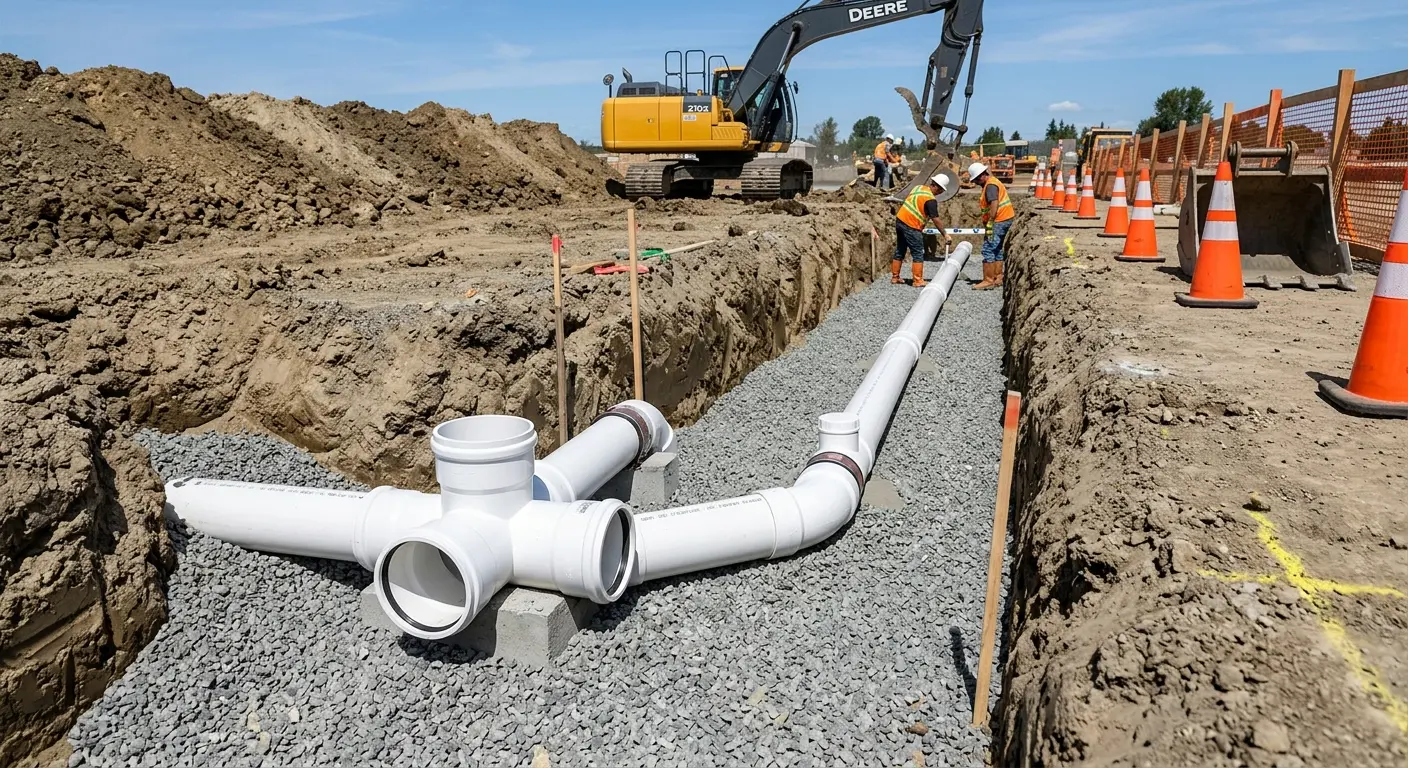 New PVC sewer pipe installation in open trench for Commercial Drain Cleaning in Hopewell